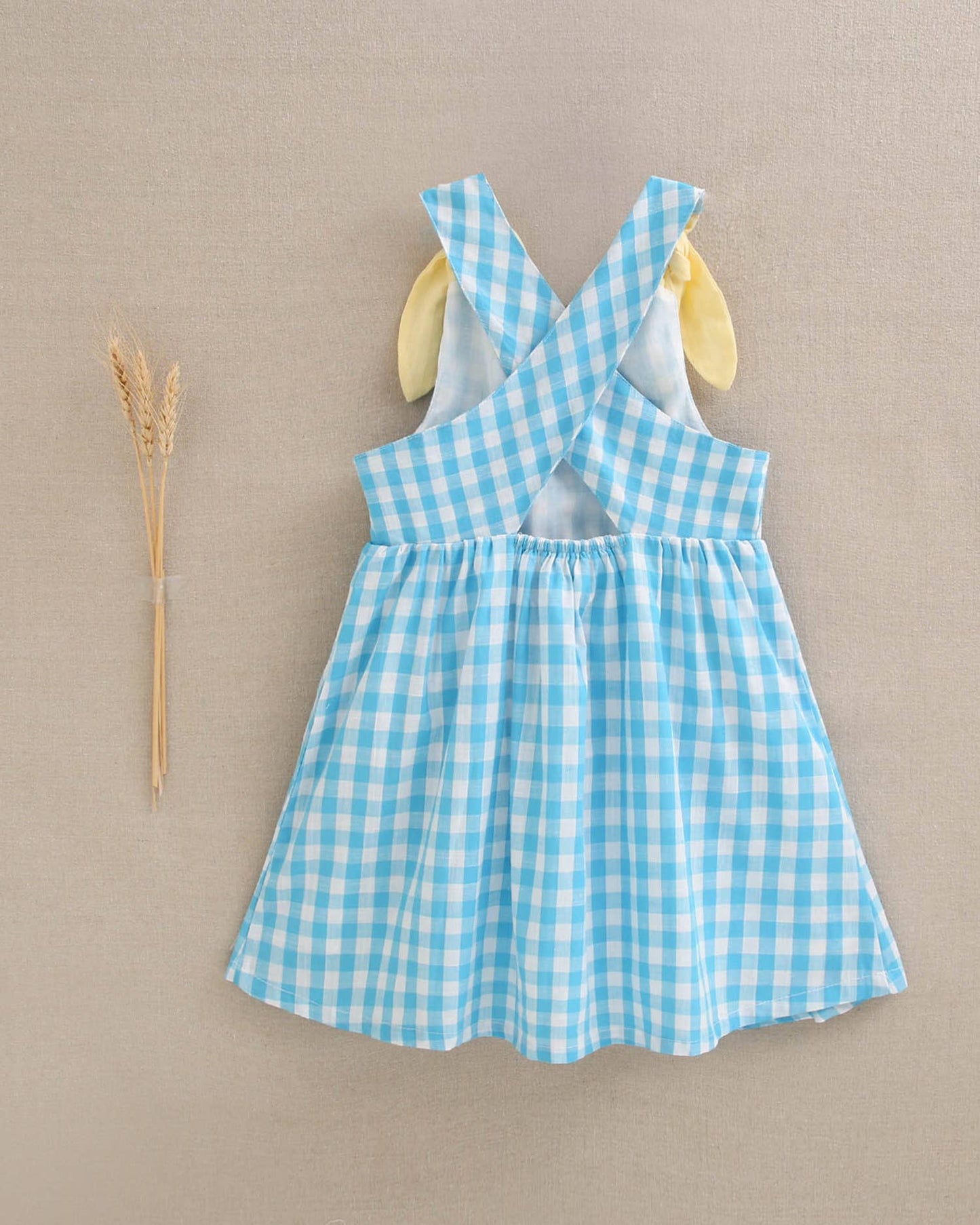 Turquoise Gingham Check Dress With Yellow Bows