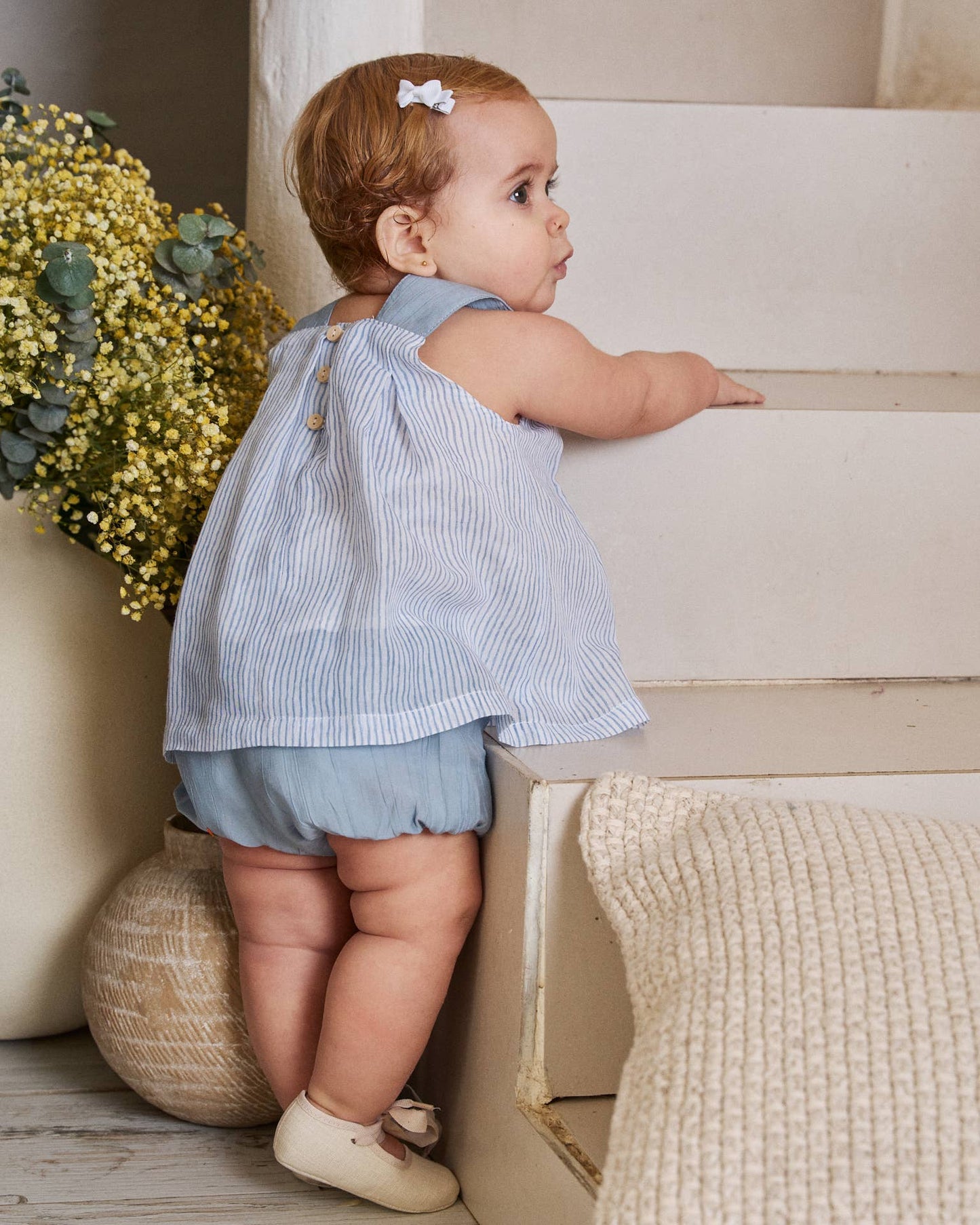 Striped Blouse & Light Blue Short Set