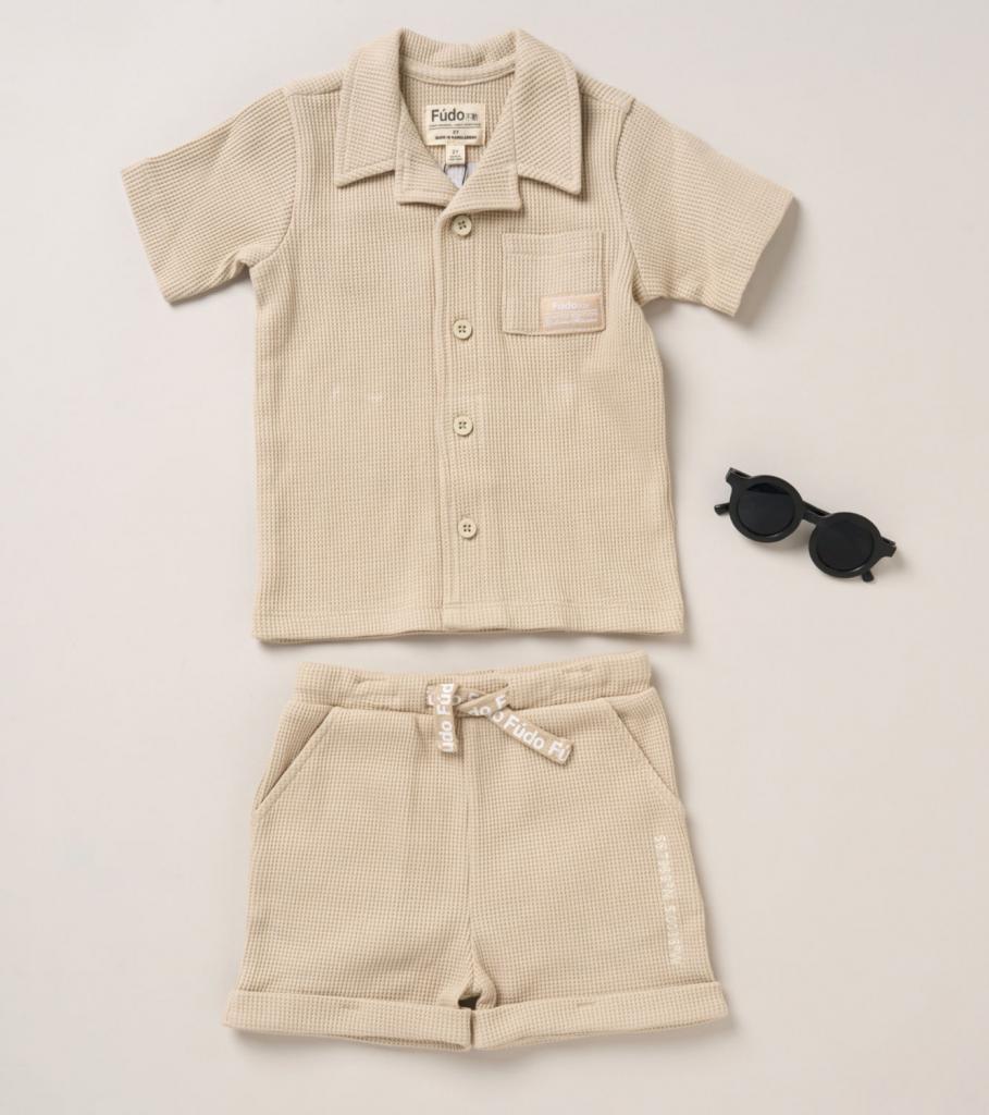 Waffle Buttoned Shirt & Short Set With Sunglasses