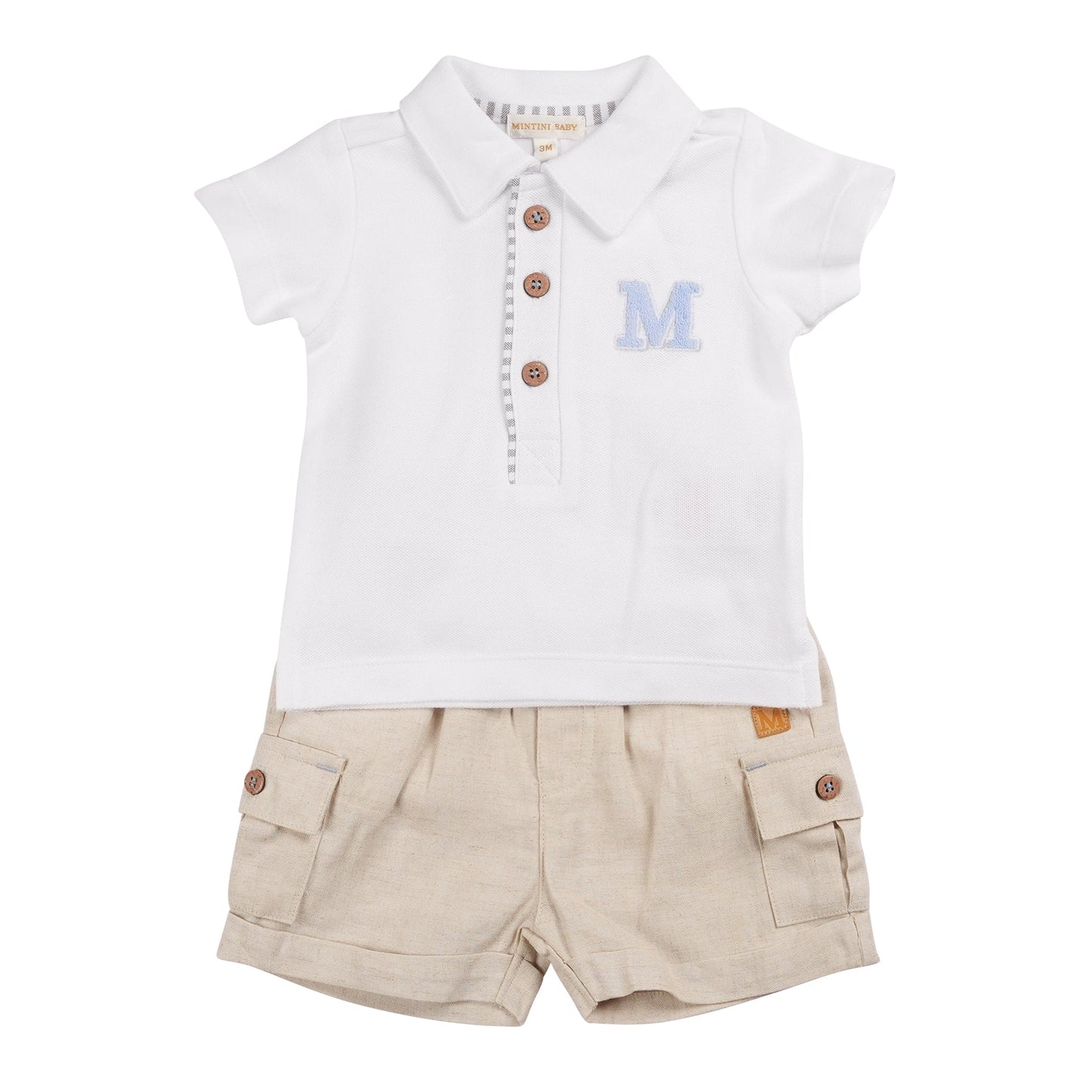 Beige Linen Cargo Polo Top & Short Set