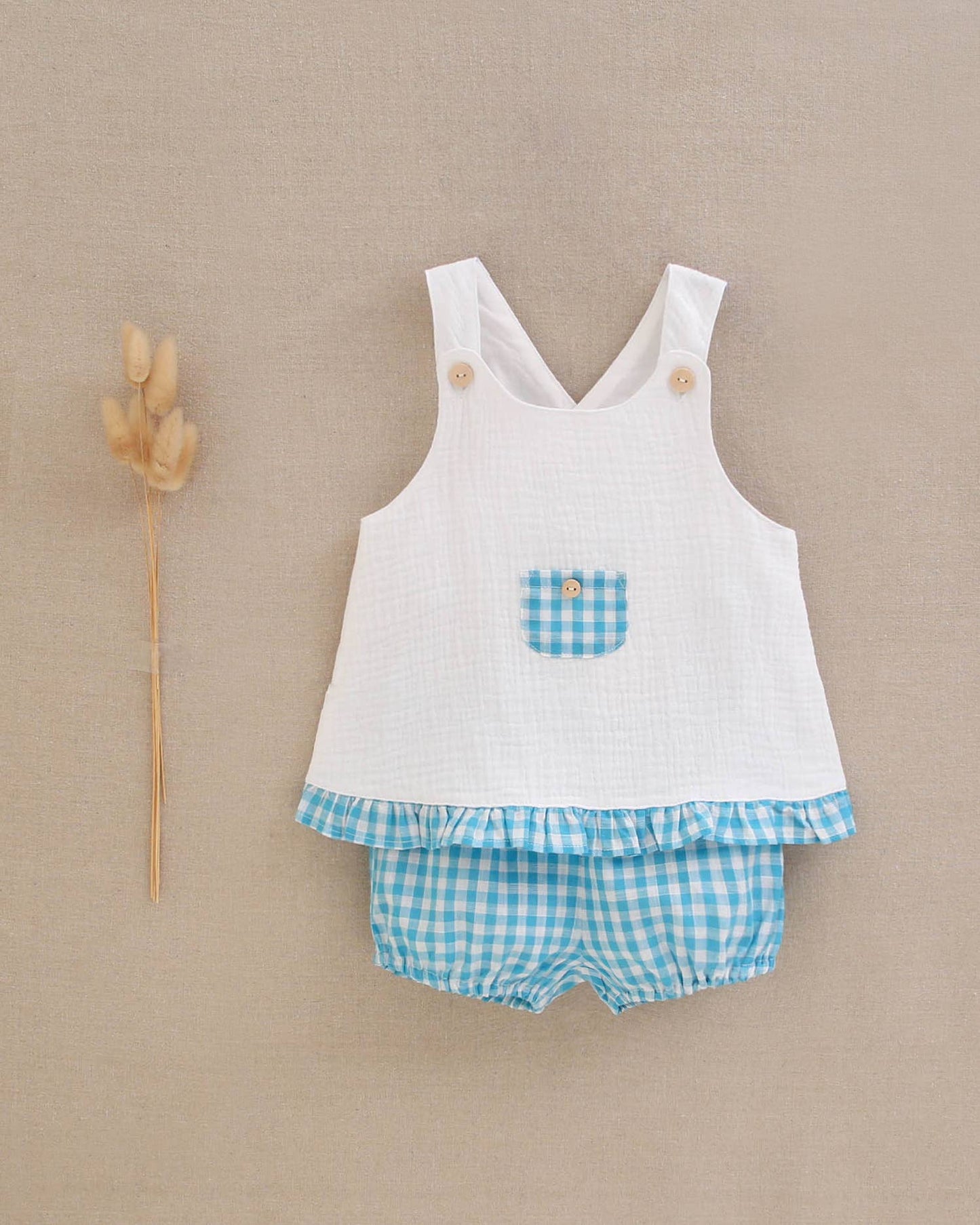 Strap Blouse & Turquoise Short Set