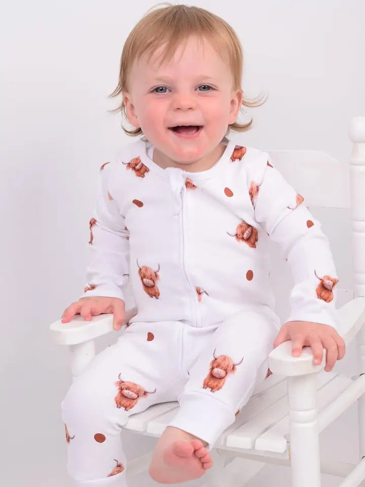 Highland Cow Print Organic Cotton Sleepsuit