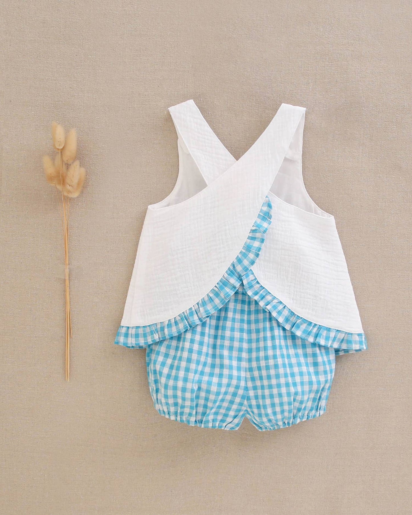 Strap Blouse & Turquoise Short Set