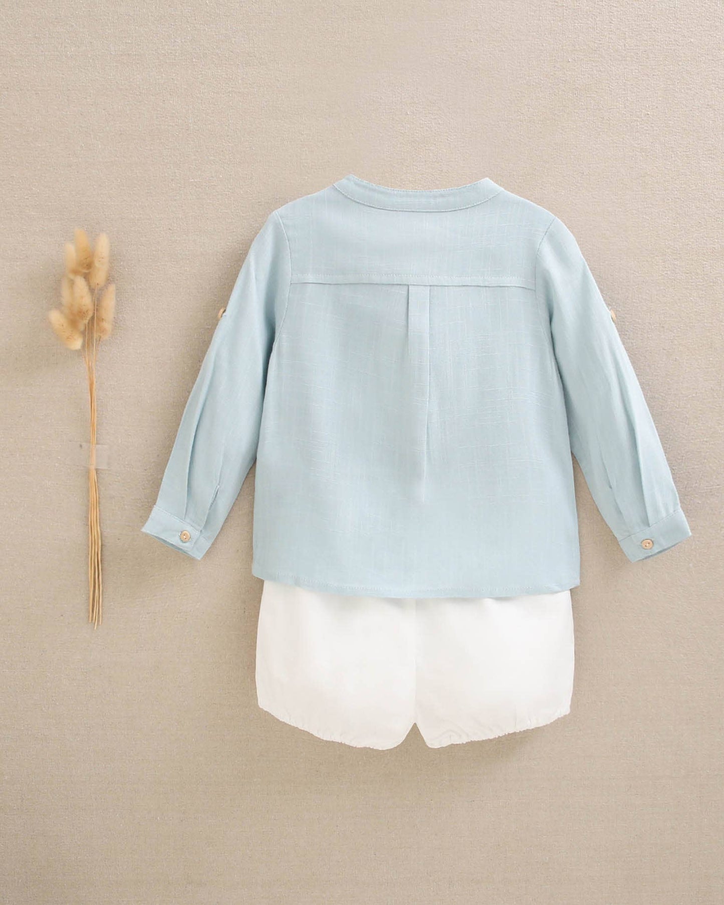 Sky Blue Long Sleeved Shirt & White Short Set