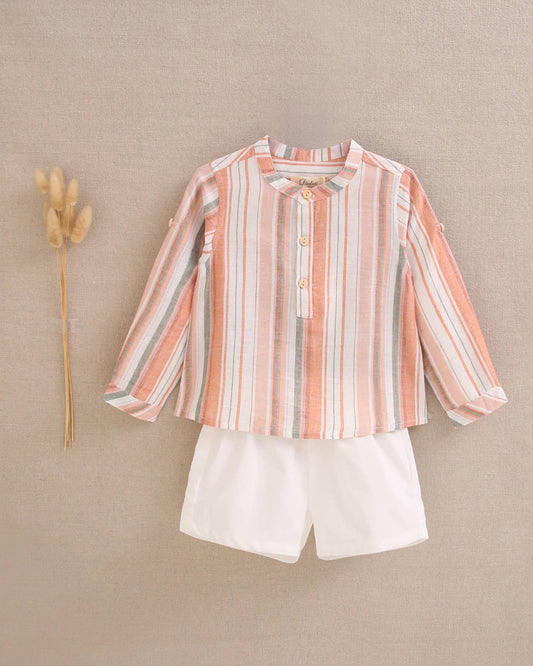 Striped Long Sleeved Shirt & White Short Set