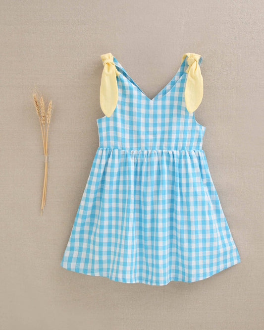 Turquoise Gingham Check Dress With Yellow Bows