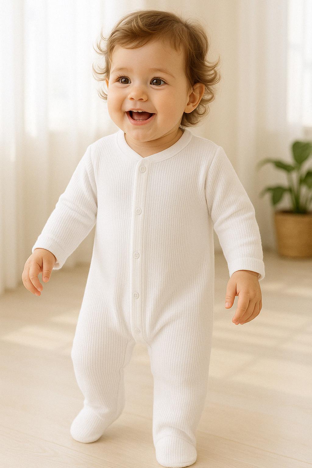 White Ribbed Organic Cotton Baby Sleepsuit