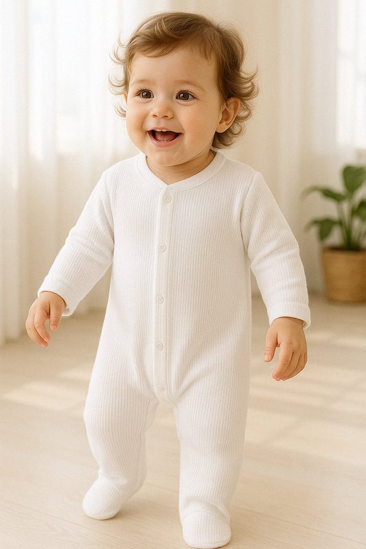 White Ribbed Organic Cotton Baby Sleepsuit