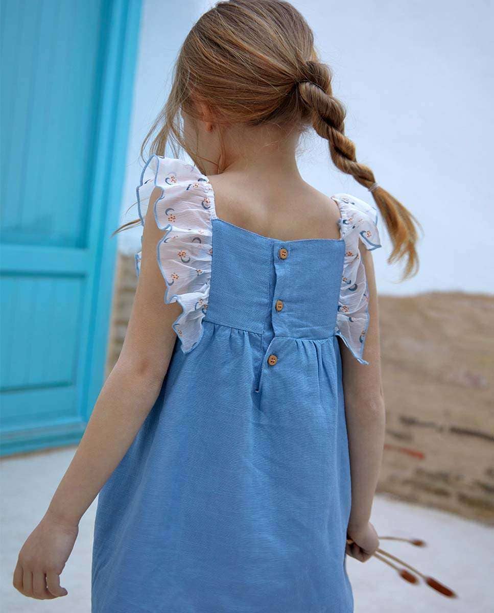 Blue Dress With Contrast Chiffon Ruffles