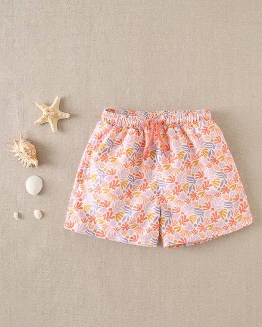 Orange Floral Print Swim Shorts