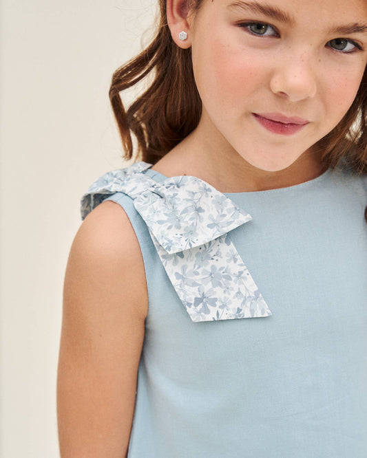 Blue Blouse With Floral Bow