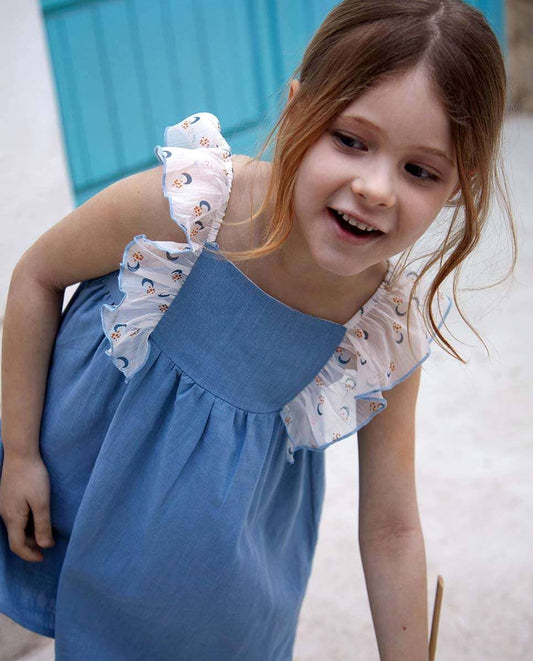 Blue Dress With Contrast Chiffon Ruffles