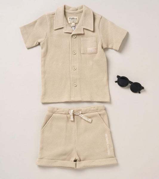Waffle Buttoned Shirt & Short Set With Sunglasses