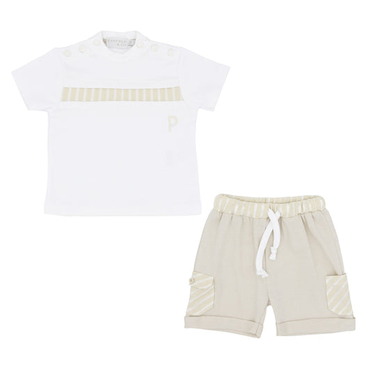 Levi White & Beige Tee Short Set