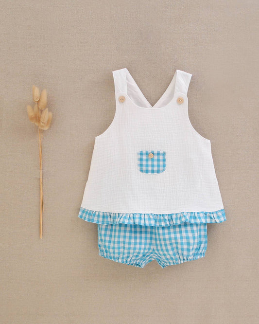 Strap Blouse & Turquoise Short Set
