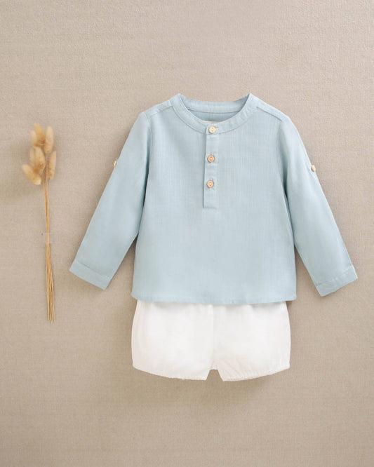 Sky Blue Long Sleeved Shirt & White Short Set