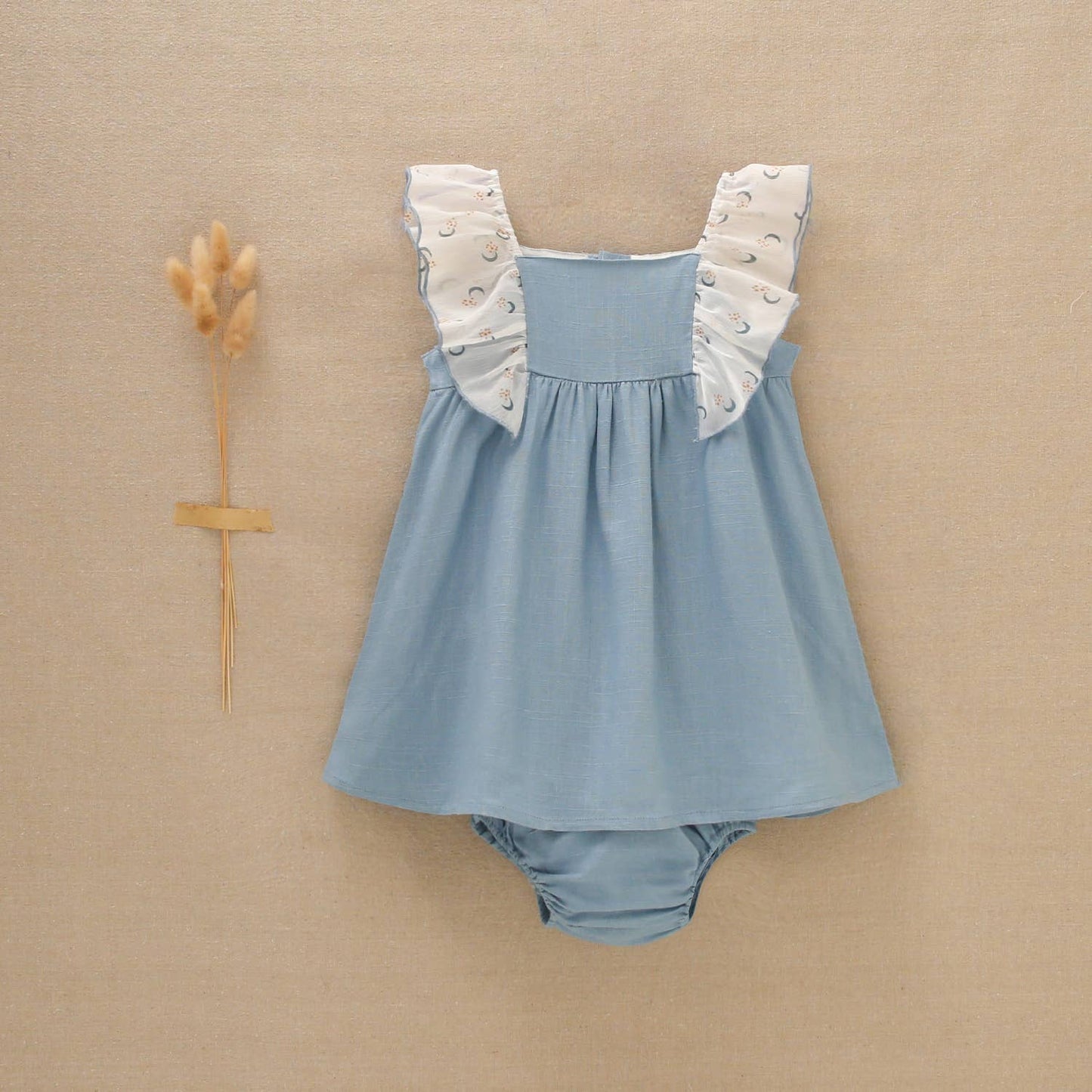Blue Dress With Contrast Chiffon Ruffles