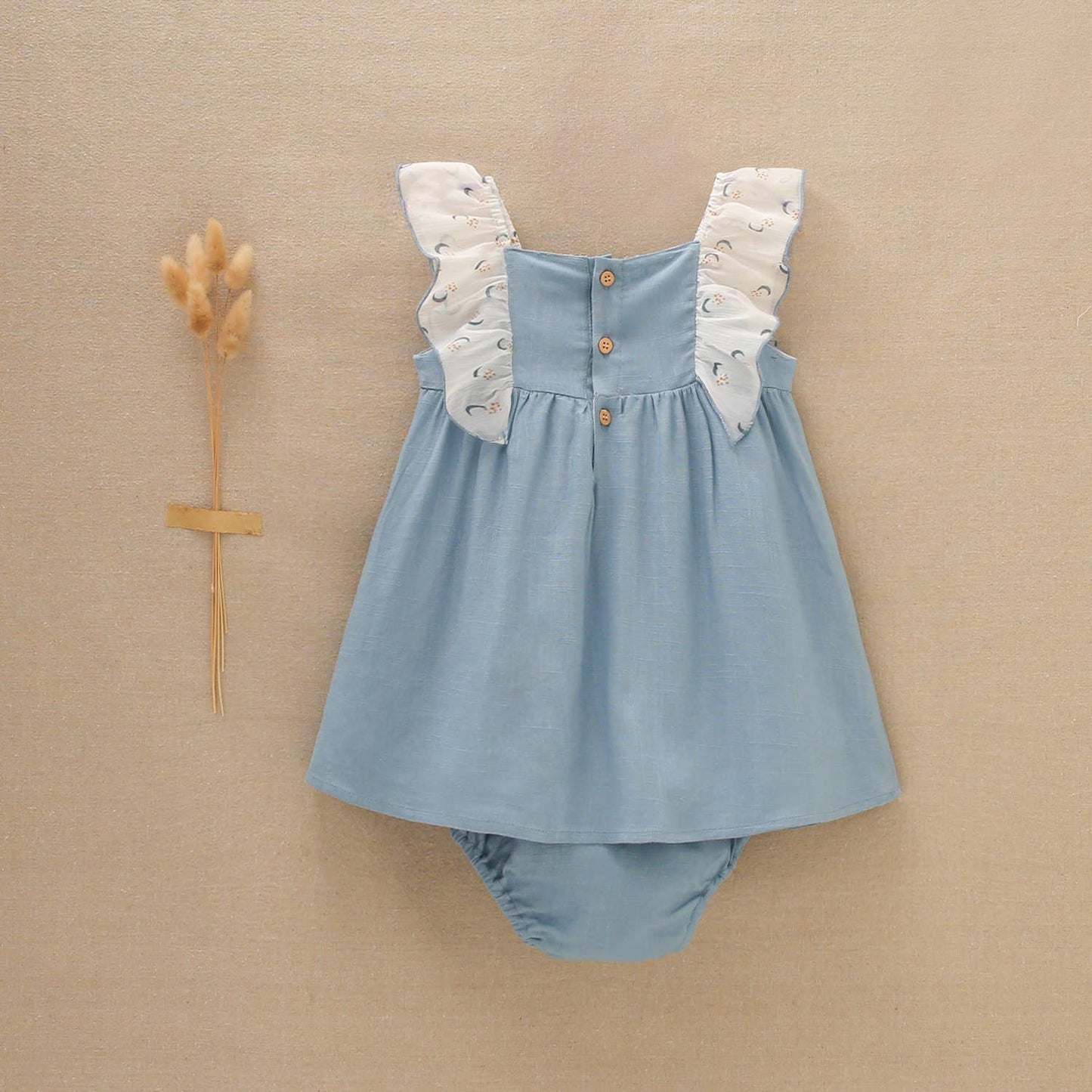 Blue Dress With Contrast Chiffon Ruffles